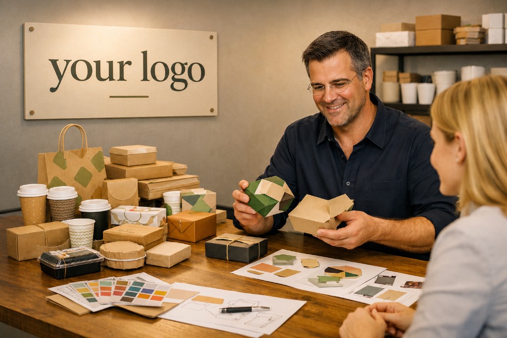 Custom packaging consultation with samples and artwork discussion